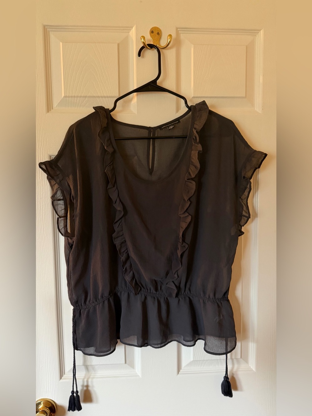 American Eagle Outfitters Black Sheer Ruffle Tie-Hem Blouse